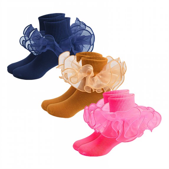 TELOLY 3Pairs Kids Socks,1-3 Years Old Ruffle Socks,Solid Color Lace Socks,Style2,12-15Cm