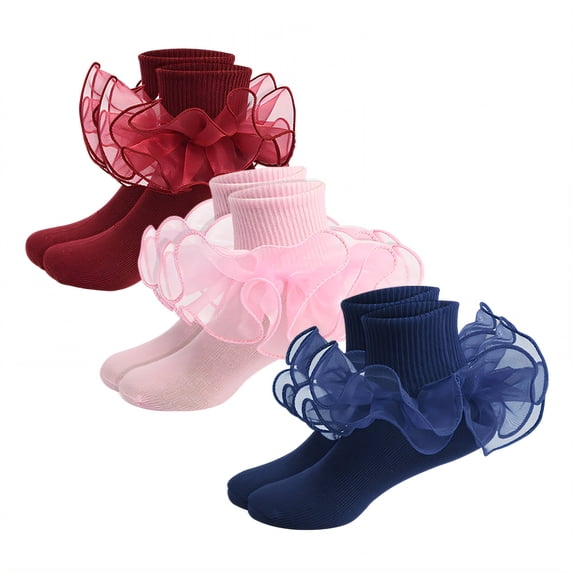TELOLY 3Pairs Kids Socks,4-6 Years Old Ruffle Socks,3D Anti-Slip Heel Lace Socks,Combination3