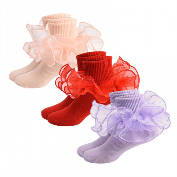 TELOLY 3Pairs Kids Socks,6-8 Years Old Ruffle Socks,3D Anti-Slip Heel Lace Socks,Combination2