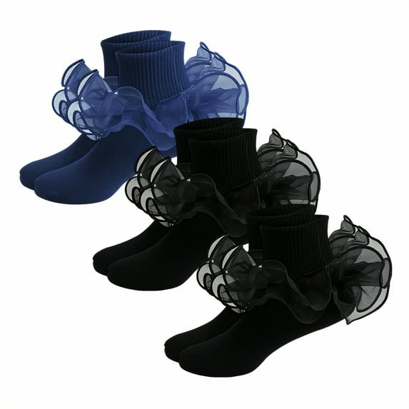 TELOLY 3Pairs Kids Socks,6-8 Years Old Ruffle Socks,Thin for Spring & Summer Lace Socks,Combination1