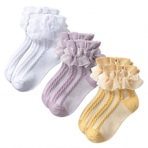 TELOLY 3Pairs Kids Socks,7-9 Years Old Ruffle Socks,Girly Elegance Lace Cuff Lace Socks,Combination1
