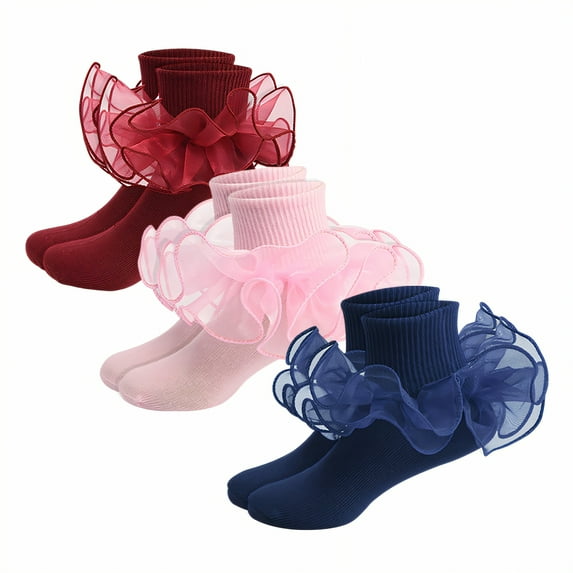 TELOLY 3Pairs Kids Socks,8-10 Years Old Ruffle Socks,Combed Cotton Lace Socks,Combination3