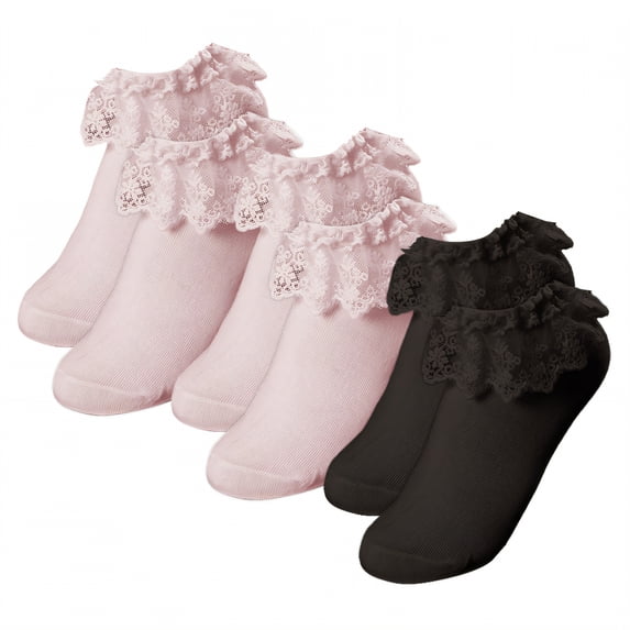 TELOLY 3Pairs Kids Socks,Lace Trim Ankle Socks Ruffle Socks,Solid Color Lace Socks,Combination2