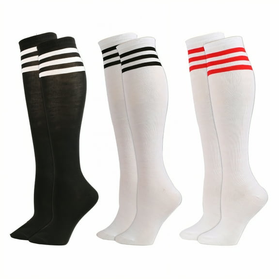 TELOLY 3Pairs Thigh High Socks,Knee-High Socks Thigh High Socks for Women,Striped Stitching Long Socks for Women,Combination2
