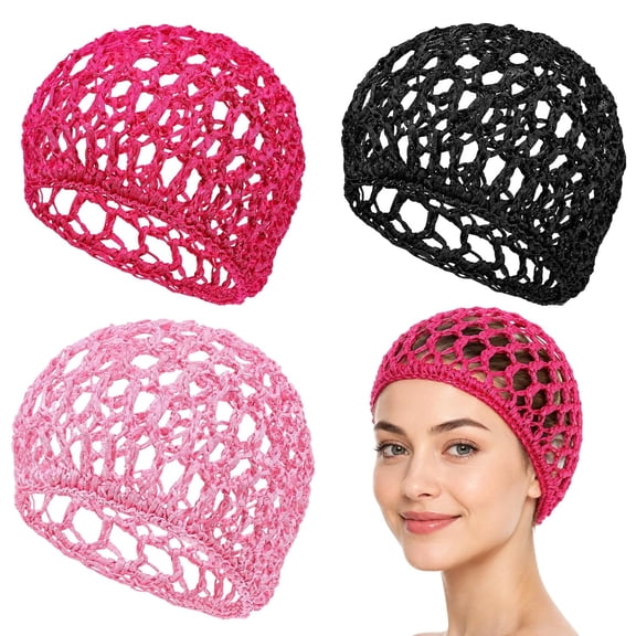 TELOLY 3Pcs Hair Nets for Sleeping Women,Soft Mesh Crochet Hair Wrap Net,Stretchy Elastic Snood Cap,Bonnet for Curly Hair&Buns Protection(Black,Pink,Rose Red)