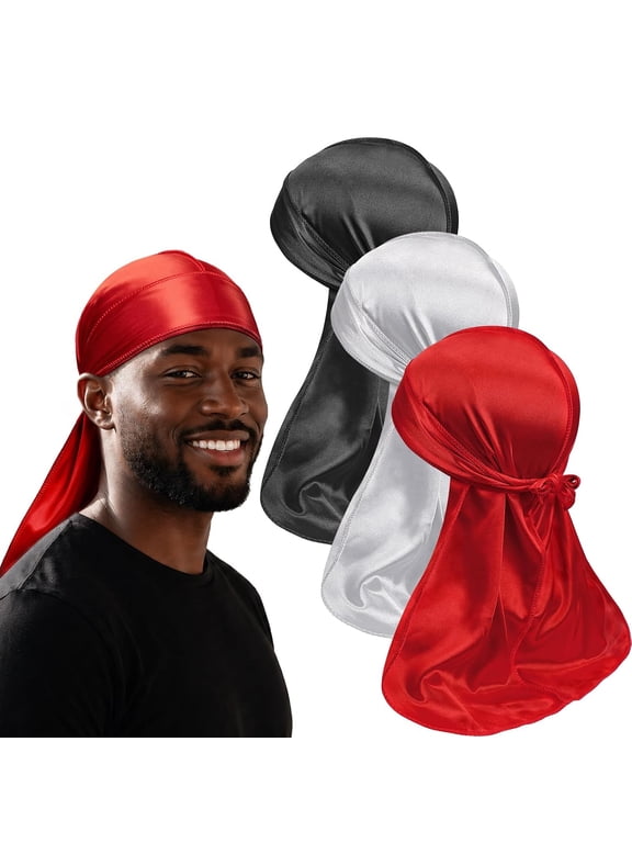 3Pcs Silky Durags for Men Waves,Doo Rags Compression Caps for 360 540 720 Wavers,Ideal Gifts for Father'S Day Silky Durag (Red,White,Black)