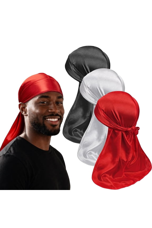 3Pcs Silky Durags for Men Waves,Doo Rags Compression Caps for 360 540 720 Wavers,Ideal Gifts for Father'S Day Silky Durag (Red,White,Black)