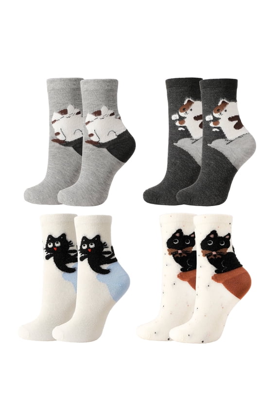 4 Pack Cat Socks, Cute Animal Crew Socks, Soft Everyday Socks (White, Charcoal, Gray, Polka Dot), Symmetrical Kitty Pattern Cute Gifts for Women Us Size 5.5-8