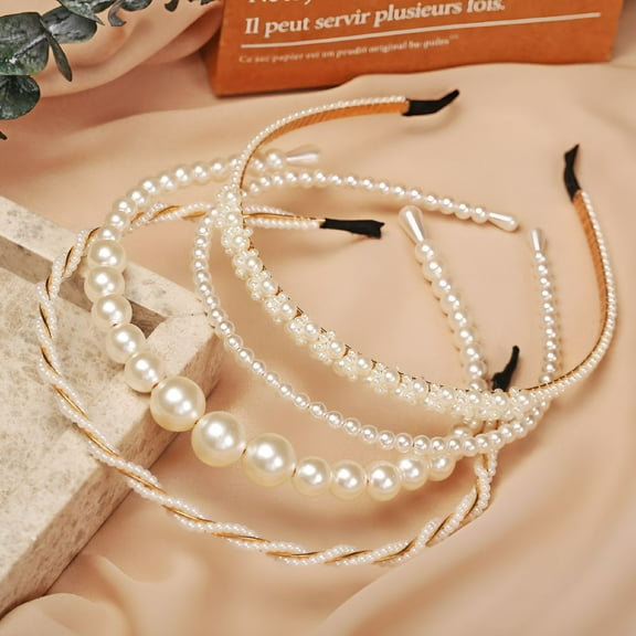 TELOLY 4 Pack Pearls Fashion Headbands, White Artificial Pearl Rhinestones Hairbands, Bridal HairHoopbandParty Wedding Hair Accessories for Women Girls