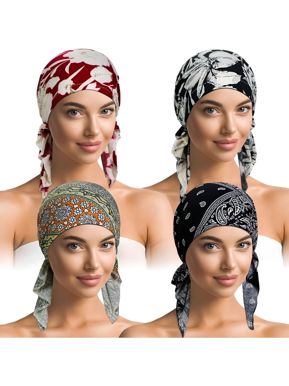 4 Pack Soft Cotton Chemo Headwear for Women, Stretch Pre-Tied Head Scarves for Hair Loss, Sleep Cap, Indoor, Travel, and Daily Use, Fits 21-25 Inch