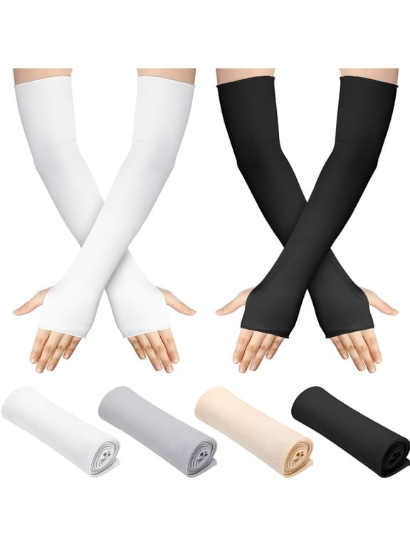 4 Pack Sun Protection Uv Gloves Fingerless Gloves Women Wrist Length Cotton Gloves Sun Block Driving Gloves Unisex(Color Set 8, Elbow Length)