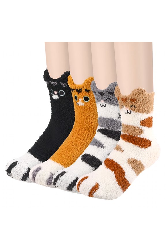 4 Pair Fuzzy Cat Claw Socks for Women,Soft Coral Fleece Paw Socks,Cuffs with Cat Ears,Embroidered Cat Socks for Indoor Sleep,Relaxation,Winter Gift,Size 6.5-9,Black/Yellow/Khaki/Grey