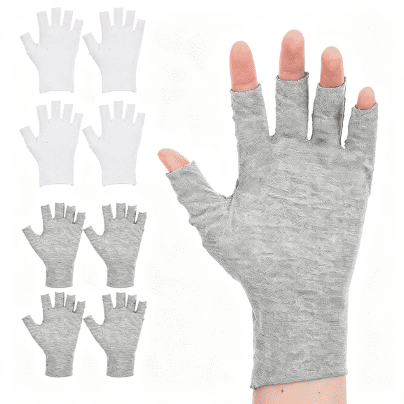 TELOLY 4 Pairs Cotton Gloves for Eczema,Fingerless Eczema Gloves for Women | with 5 Open Fingertips for Dry Skin Relief,Overnight Hydration (White and Grey)