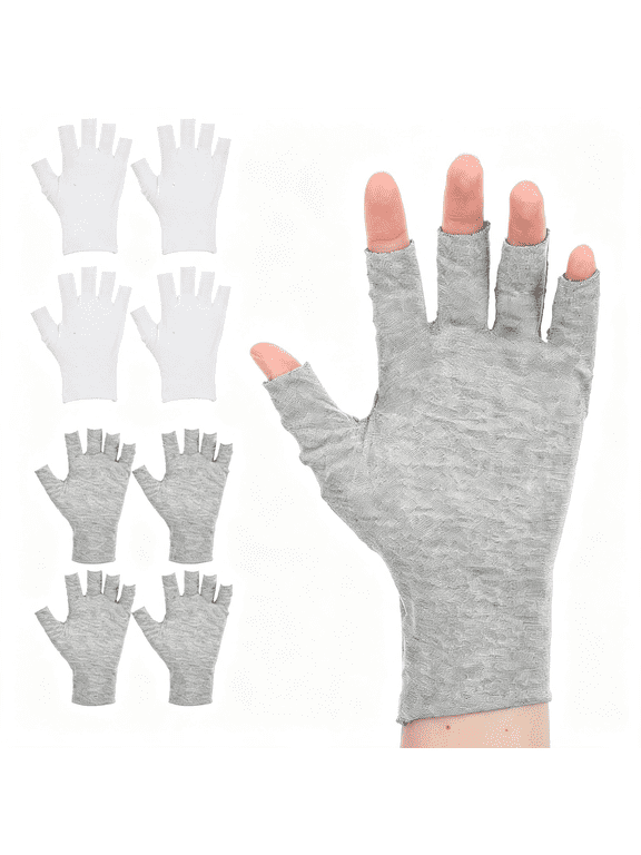 4 Pairs Cotton Gloves for Eczema,Fingerless Eczema Gloves for Women | with 5 Open Fingertips for Dry Skin Relief,Overnight Hydration (White and Grey)