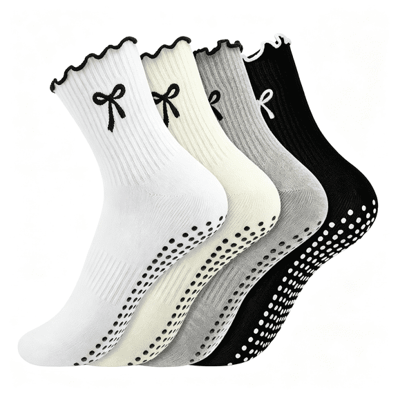 TELOLY 4 Pairs Cute Pilates Socks with Grips,Women Ruffle Non Slip Sticky Bow Yoga Sock for Gym Ballet Dance Barre Workout Ruffle Ballet Socks for Women