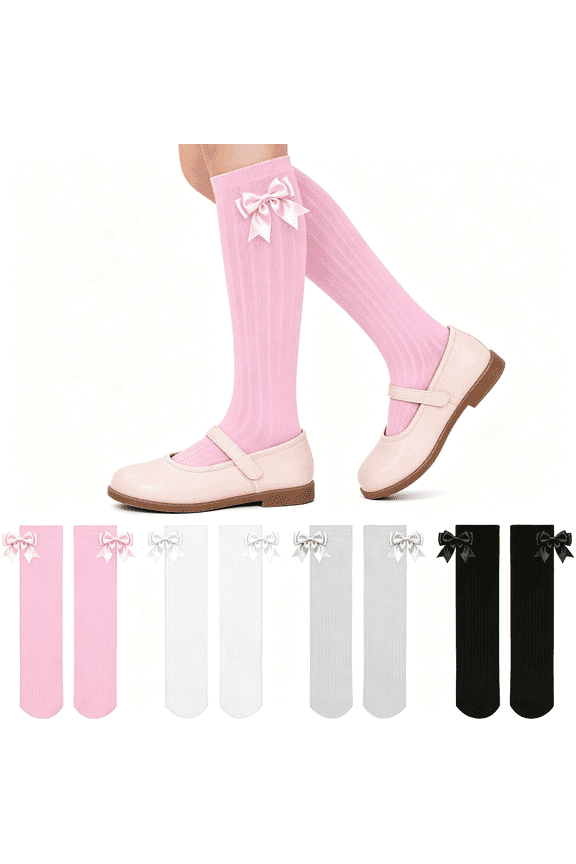 4 Pairs Girl'S Bow Knee High Socks Girls School Dress Socks for 4 to 12 Years