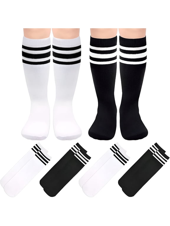 4 Pairs Kids Soccer Socks, Girls Boys Soccer Socks, Football Socks, Toddler Knee High Socks, Tube Socks