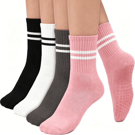 TELOLY 4 Pairs Non Slip Grip Socks for Women, Non Skid Anti Slip Grippy Socks with Gripper for Men Women for Yoga Pilates Socks with Grips for Women Hospital