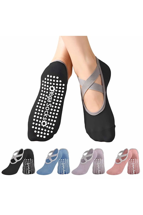 4 Pairs Pilates Socks with Grips for Women Yoga Socks with Grips for Women Non-Slip Sole for Ballet, Hospital, Dance, Workout, Barefoot