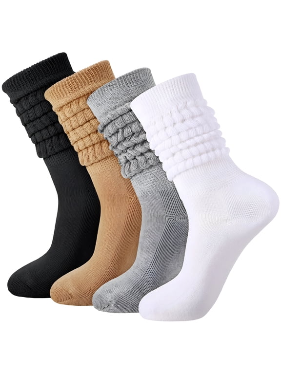 4 Pairs Slouch Cotton Knit Socks, Slouch Socks for Women, Retro Stacked Socks, Soft Breathable Athletic Scrunch Calf Ankle Sock, Long Chunky Scrunch Knee High Sock for Women