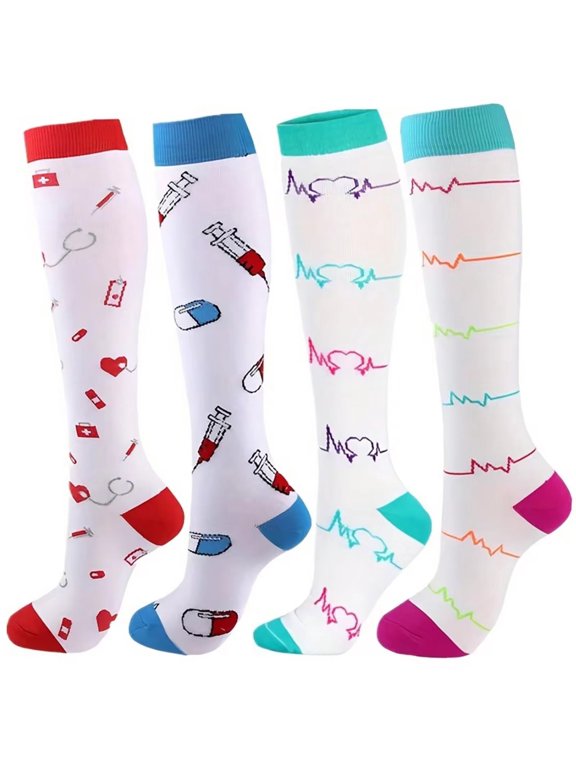 4 Pairs Socks for Womens Nurse Mates Long Knee High Tube Socks Warmth Winter Pressure Socks Multicolor Knee Socks for Women