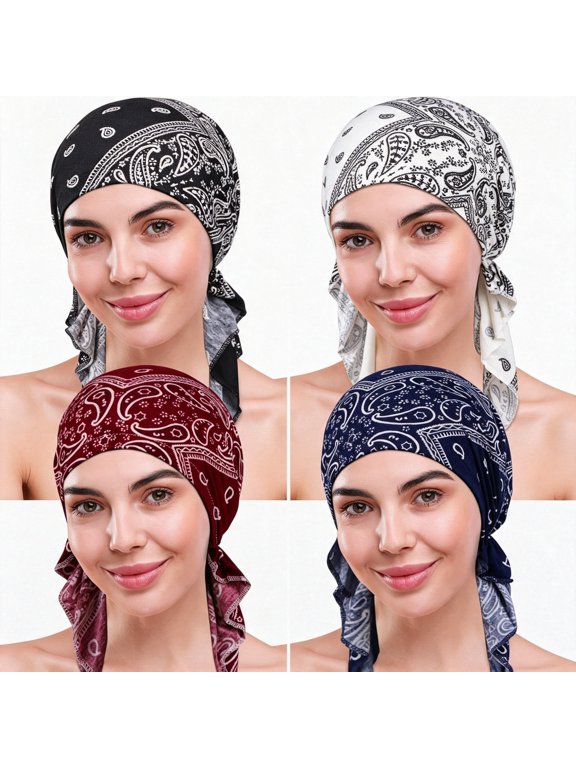 4 Pieces Chemo Headwear for Women, Pre-Tied Head Scarf Cancer Headwear for Hair Loss Head Wraps for Women Comfortable & Secure