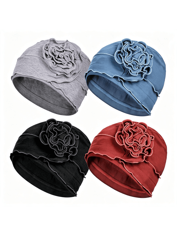 4 Pieces Cotton Chemo Turban Headwear, Soft Cancer Headwear Elastic Cancer Cap for Women with Hair Loss Turbans for Women with Cancer