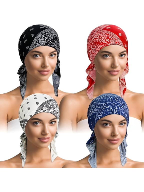 4 Pieces Soft Cotton Chemo wear for Women, Stretch Pre-Tied Chemo Scarves for Cancer