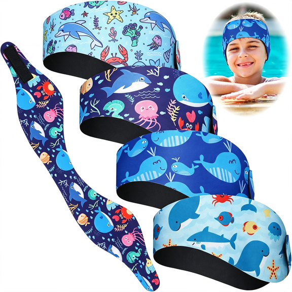 TELOLY 4 Pieces Swimming Headband Swimming Ear Band Adjustable Swim Headband Keeping Water Out Ear Protection for Kids Adults Surfing Bathing Kayaking (Marine Style)