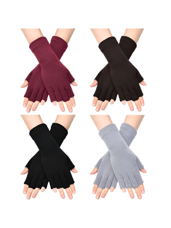 4Pairs Fingerless Gloves for Women Half Finger Typing Gloves with Long Wrist Cuff Winter Knit Fingerless Mittens for Women