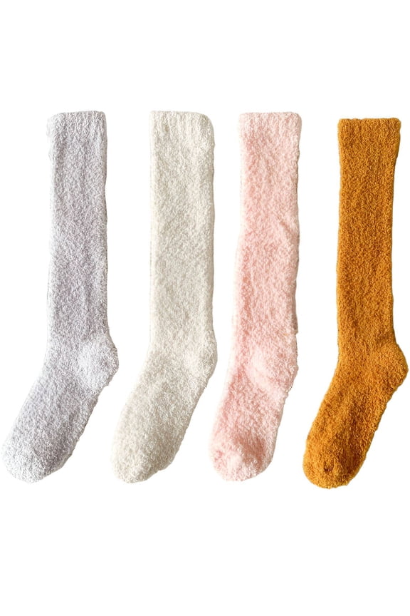 4Pairs Fuzzy Socks for Women,Elastic Ribbed Cuff Knee High Socks,Secure Non-Slip Fit Long Socks,Multicolor1