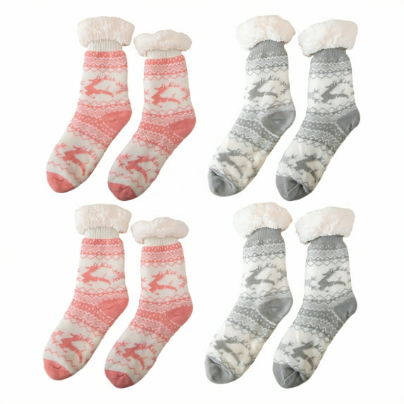 TELOLY 4Pairs Fuzzy Socks for Women,Thickened Non-Slip Slipper Socks for Women,One Size Fits Most Long Socks for Women,Combination1