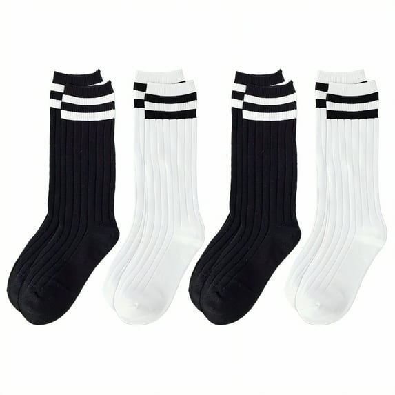 TELOLY 4Pairs Kid Socks,Under-The-Knee Fit Long Socks,Long Striped Tube Boot Socks for Women,Combination1,M