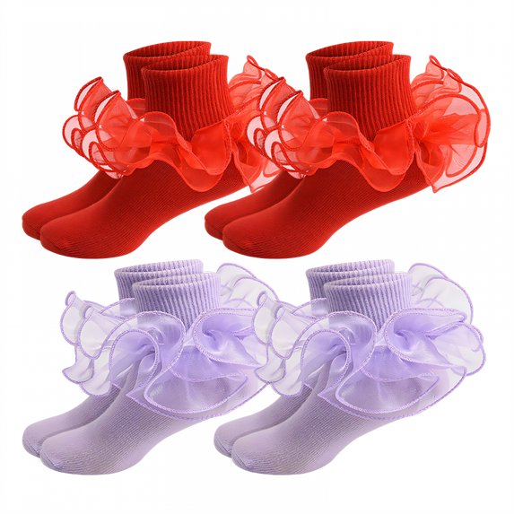 TELOLY 4Pairs Kids Socks,6-8 Years Old Ruffle Socks,3D Anti-Slip Heel Lace Socks,Combination2