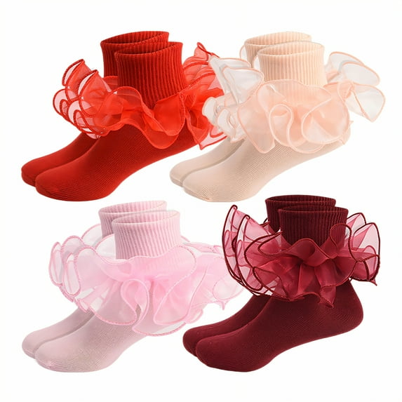 TELOLY 4Pairs Kids Socks,6-8 Years Old Ruffle Socks,Combed Cotton Lace Socks,Combination2