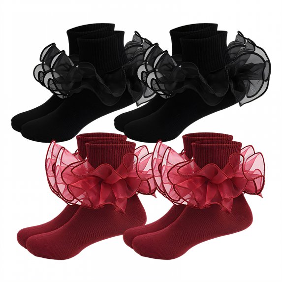 TELOLY 4Pairs Kids Socks,6-8 Years Old Ruffle Socks,Lace Trim Lace Socks,Combination3