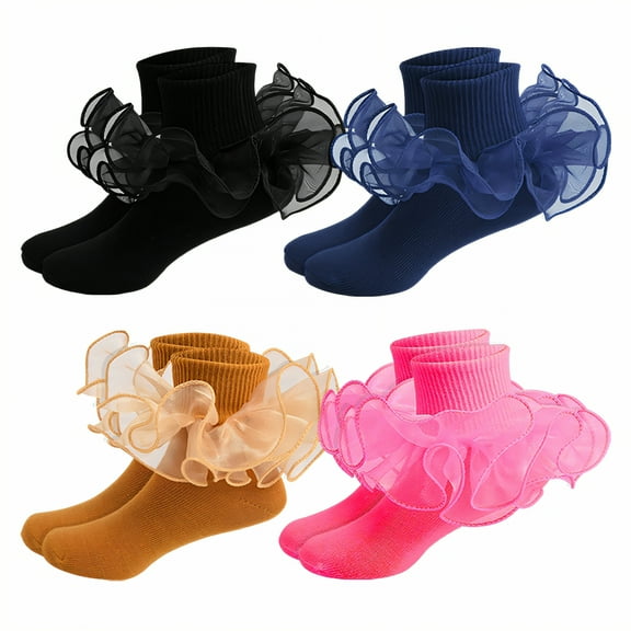TELOLY 4Pairs Kids Socks,8-10 Years Old Ruffle Socks,Moisture-Wicking Lace Socks,Style3,20-22Cm