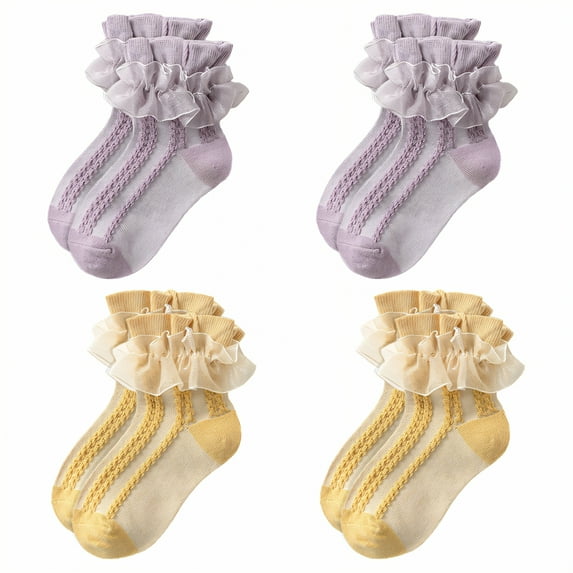TELOLY 4Pairs Kids Socks,Age 10+ Ruffle Socks,Breathable & Sweat-Wicking Lace Socks,Combination2
