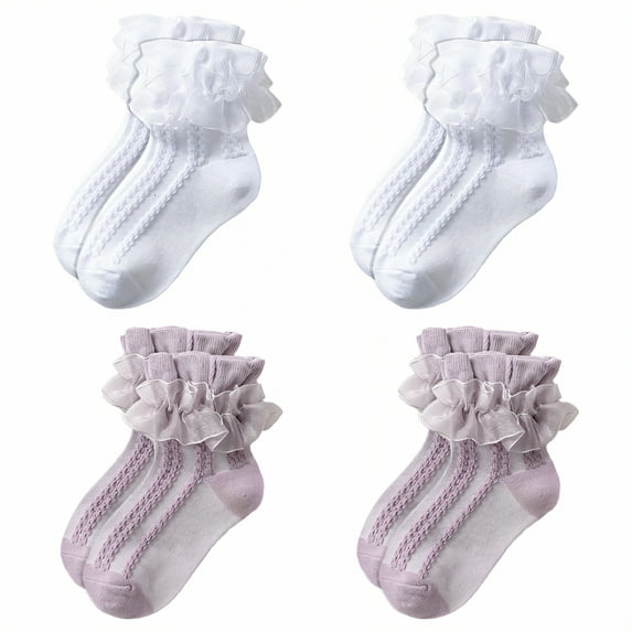 TELOLY 4Pairs Kids Socks,Age 10+ Ruffle Socks,Plain Style Lace Socks,Combination1