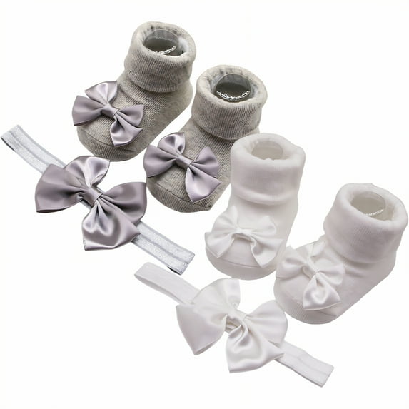 TELOLY 4Pairs Kids Socks,Bow Headband Baby Girl Socks,Baby Headband & Socks Toddler Socks 2T-3T,Combination1