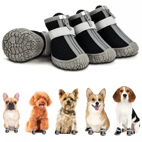 TELOLY 4Pcs Dog Shoes for Small Dogs, Waterproof Dog Boots Paw Protector for Hot Pavement Winter Snow, Dog Booties with Reflective Strips Rugged Anti-Slip Sole for Hardwood Floors Outdoor Walking