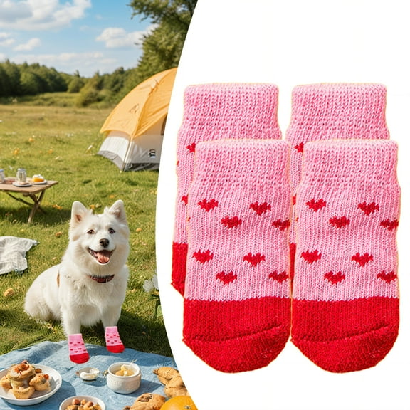 TELOLY 4Pcs Dog Socks,Anti-Slip Cotton Warm Paw Socks,For Hardwood Floors Dog Clothes,Red