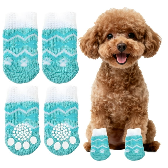 TELOLY 4Pcs Dog Socks,Anti-Slip Pattern Cotton Knit Dog Socks to Prevent Licking Paws,Soft Cover Dog Booties and Paw Protectors,Green