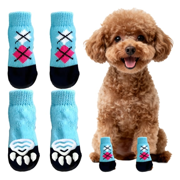 TELOLY 4Pcs Dog Socks,Blocks Pattern Dog Paw Protector,For Small Medium Pets Dogs Dog Socks to Prevent Licking Paws,Blue3