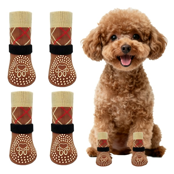 TELOLY 4Pcs Dog Socks,Soft Cotton Warm Knit Dog Paw Protector,Soft Elasticity Paw Socks,Coffee