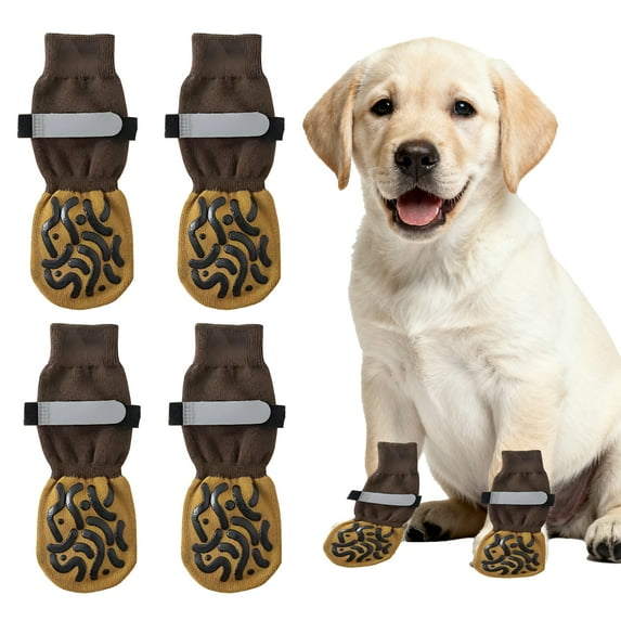 TELOLY 4Pcs Dog Socks,Soft Cotton Warm Paw Socks,Cute Pattern Dog Clothes,Brown
