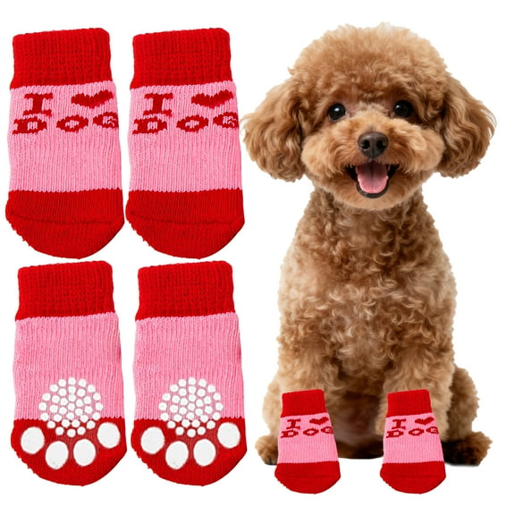 TELOLY 4Pcs Dog Socks,Wear-Resistant Cotton Warm Paw Socks,For Hardwood Floors Dog Clothes,Red