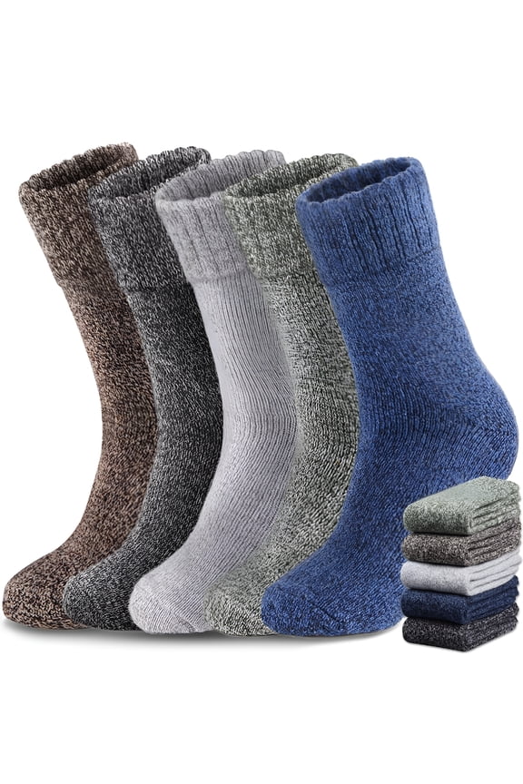 5 Pairs Merino Wool Socks for Men, Thick Winter Wool Hiking Socks, Breathable Crew Mens Socks (USA Size 14-18)