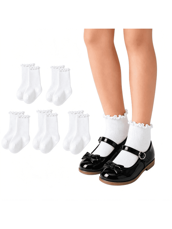 5 Pairs Toddler-Girls Ruffle-Ankle-Socks Soft Dress-Casual-Socks 3-5T Kids|Stretchy Ribbed Cuffs Stay Comfortab,Breathable Knit Socks for Dresses,Uniforms,And Everyday Outfits