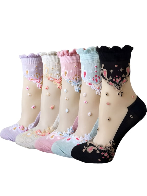 5 Pairs Women Sheer Mesh Socks Ultrathin Fishnet See Through Lace Ankle Socks Summer Transparent Floral Socks, Baroque Style Flower